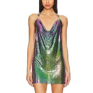 Superdown paula drape mini dress chainmail metal black purple NWT XS